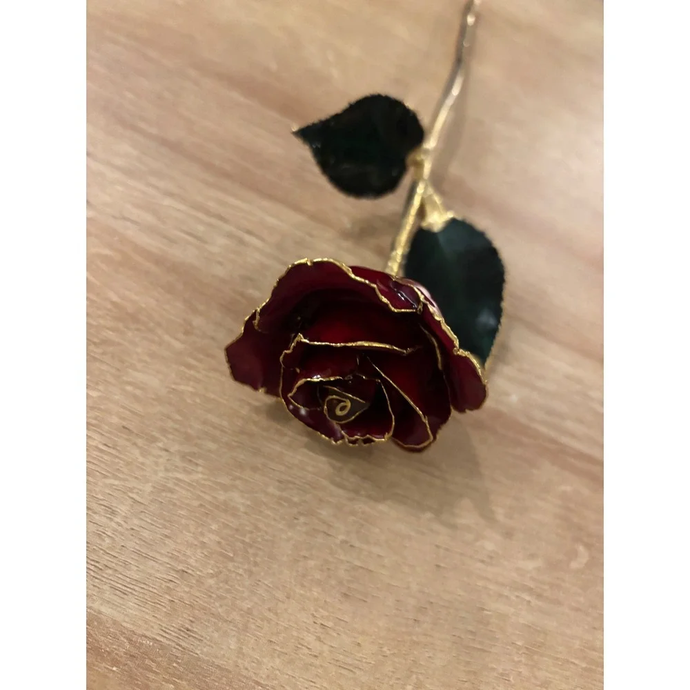 24k Gold Dipped Real Rose Red Lacquer Preserved Long Stem Gold Trim Ornament
